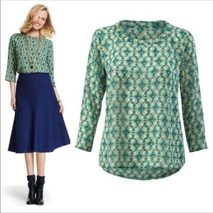 CAbi Green with Tan Leaf Print, Pullover Blouse.